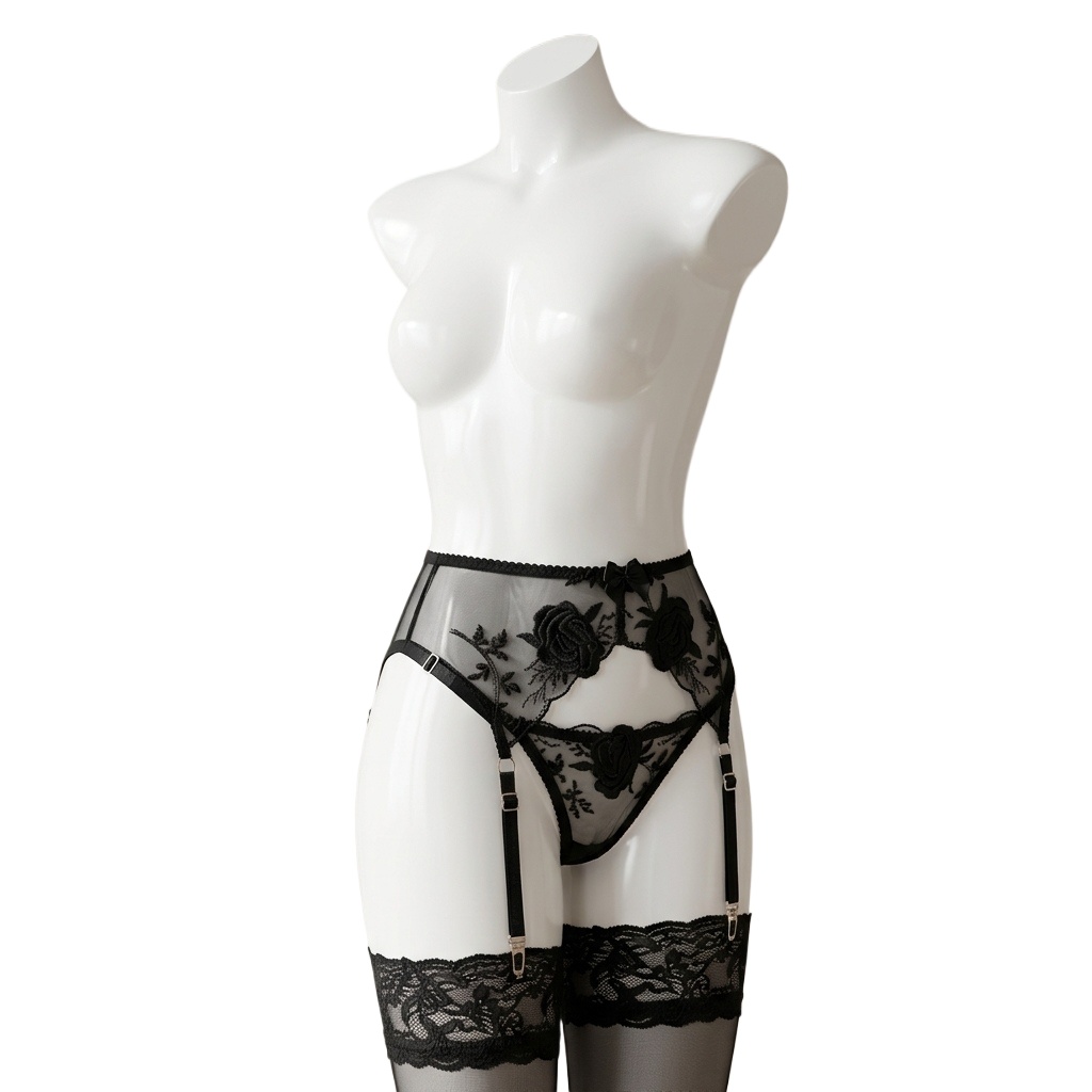 Garter Belt Set - Kadınlar için Nakışlı Çiçek Desenli Jartiyer
